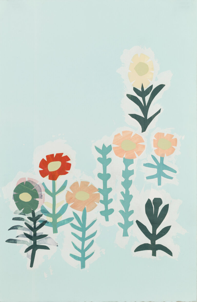 an abstract chine colle piece with a mint colored background. there are flowers in shades of orange, blue, periwinkle, red, lilac, and peach with different colored centers and stems