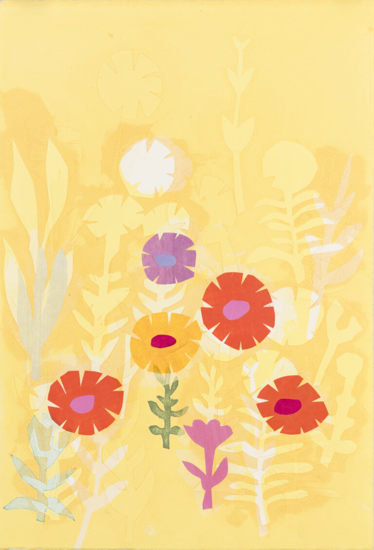 an abstract chine colle piece with a yellow background. there are flowers in shades of orange, blue, periwinkle, red, lilac, and peach with different colored centers and stems