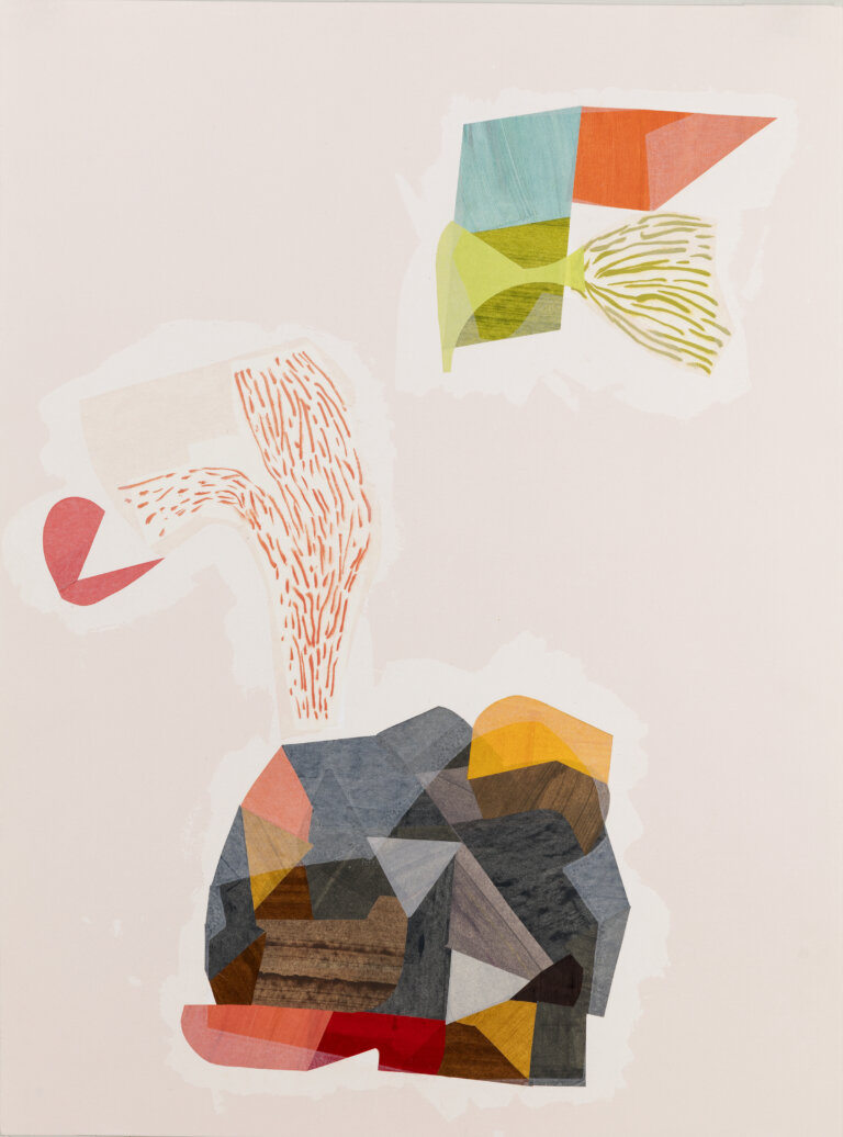 an abstract piece with a pale pinky beige background. there are a few abstract shapes that have a geometric tiled quality in different areas of the piece. each one is made of different colors, including lime green, cobalt, aqua, orange, rust, gray, lilac, aqua, teal, and peach