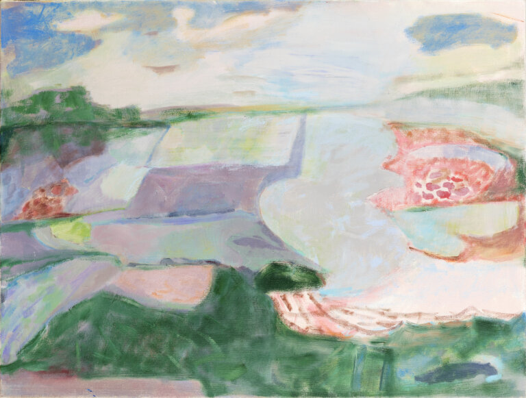 an abstract landscape of a green hill with peach colored cherry trees that look like they've just blossomed. the sky above is mostly white cloud with twinges of blue