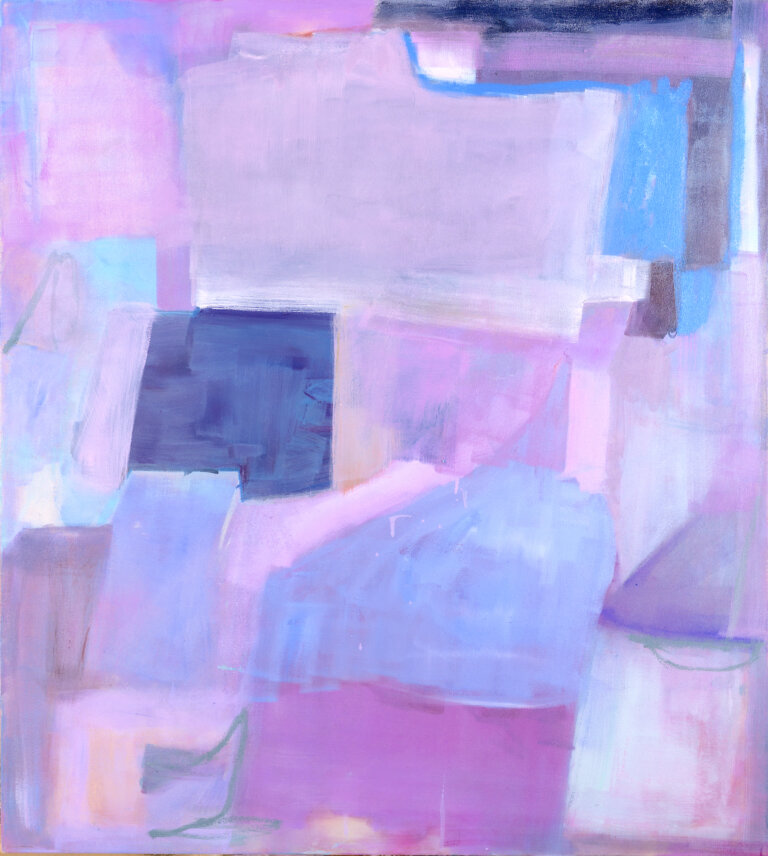 an abstract painting with large vibrant color blocks in shades of lilac, orchid, lavender, periwinkle, sky blue, and violet.
