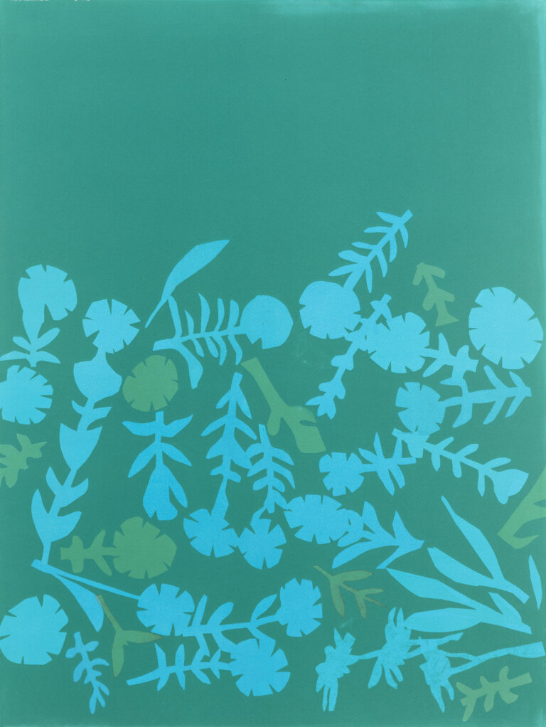 an abstract chine colle piece with an emerald green background. there re several flower and stem shaped cutouts arranged organically in the bottom two thirds of the piece. these pieces are mostly sky blue but a few are light green