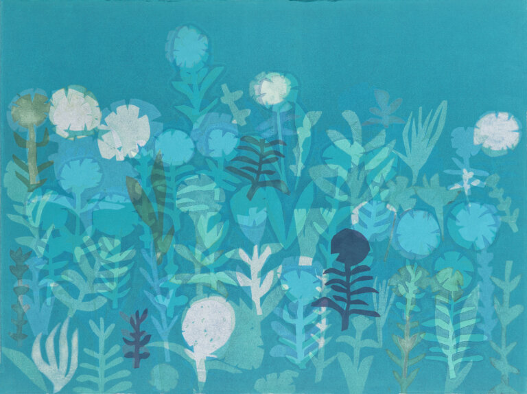 an abstract chine colle piece with a aqua blue background. there are layered flowers with spiky stems in shades of aqua, teal, white, navy, and green