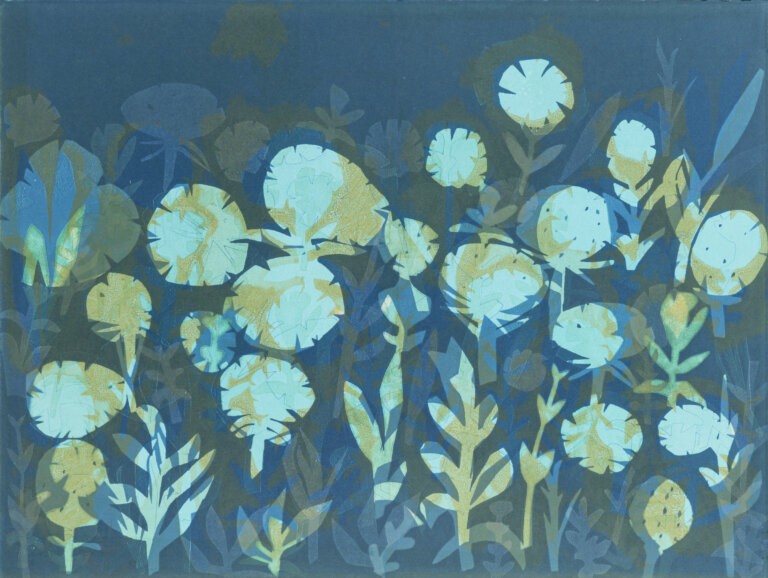 an abstract chine colle piece with a deep blue background. there are layered flowers with spiky stems in shades of aqua, teal, white, navy, and green