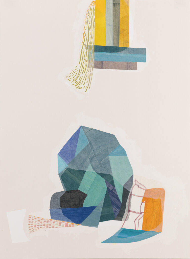 an abstract piece with a pale pinky beige background. there are a few abstract shapes that have a geometric tiled quality in different areas of the piece. each one is made of different colors, including lime green, cobalt, aqua, orange, rust, gray, lilac, aqua, teal, and peach