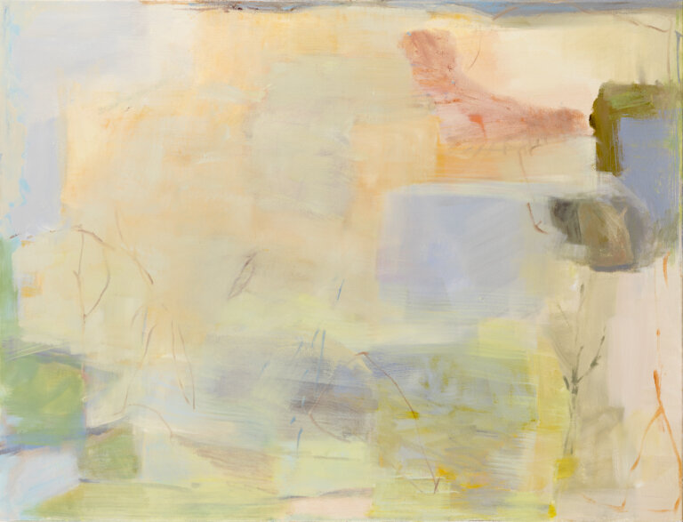 an abstract painting that has large blocks of color in shades of yellow, pale green, sap green, peach, faded tangerine, and periwinkle. there are a few thin brush strokes in shades of rust, sky blue, and orange toward the bottom