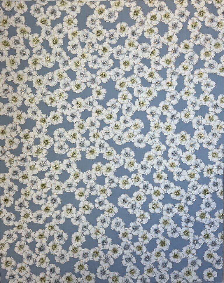 an abstract art piece with a dark blue background and a foreground of scattered white fluffy flowers with green and slate centers. there is gold detailing on the petals of the flowers