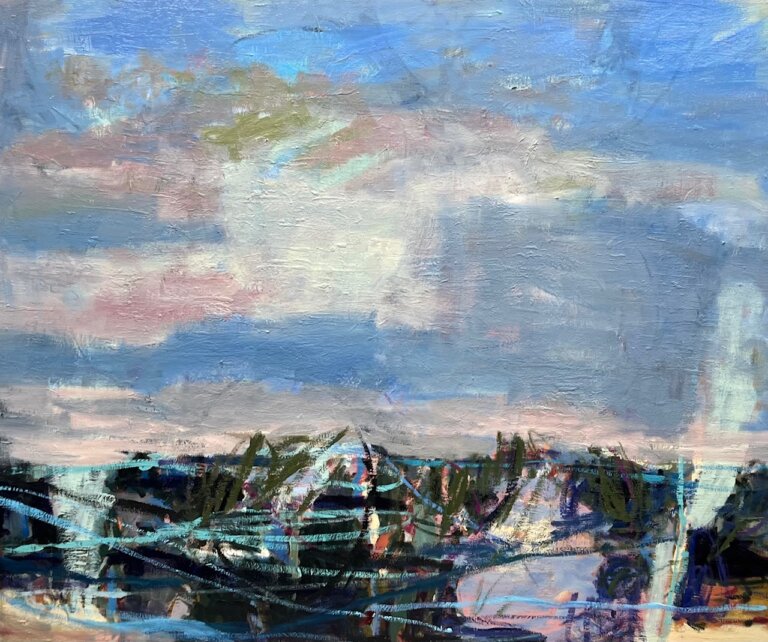 an abstract landscape with a large blue sky with pink and white clouds. there is an assortment of color that make up the ground: vibrant cobalt blue, deep green, turquoise, peach, periwinkle, and black.