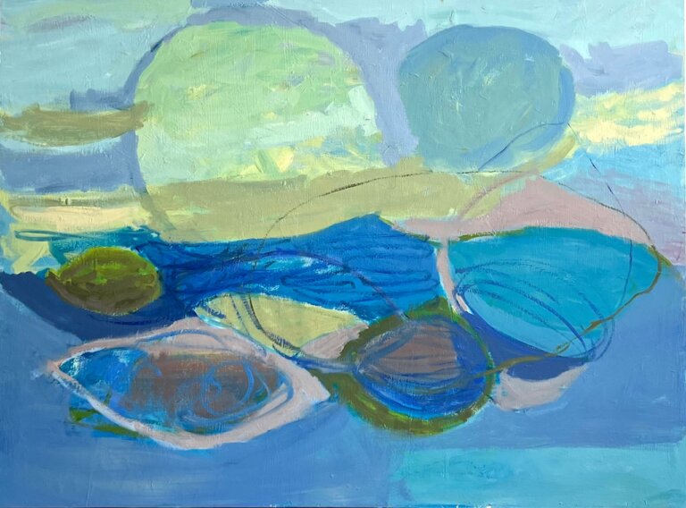 an abstract painting of the ocean and sky. the bottom half is darker blue and the top half is periwinkle, pale yellow, and mint. there are large seashell-like bubble shapes in the center in shades of mint green, tan, lilac, forest green, cobalt, and royal blue