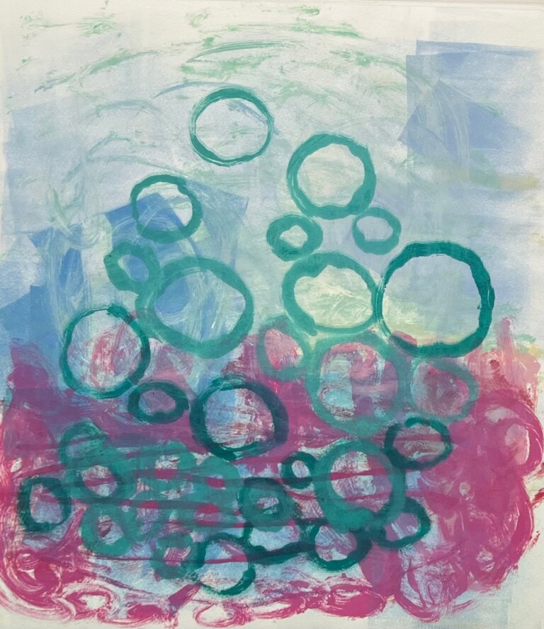 an abstract art piece with a pale blue background. there is a mass of fuchsia brushstrokes in the bottom half of the painting, and there are turquoise open circle shapes that resemble bubbles rising up from the bottom of the piece.