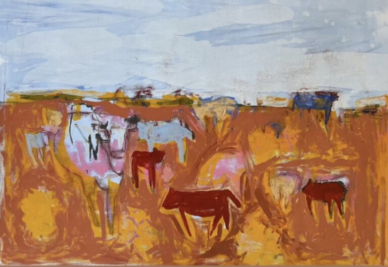 an abstract piece showing a rust colored landscape with pale blue and periwinkle cloudy sky. on the orange field there are a few scrubby yellow gold brush-like plants, along with multiple cows painted in red, periwinkle and pink.