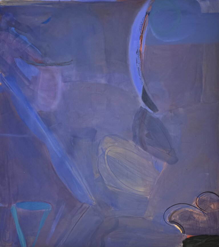 an abstract painting with large swashes of purple and blue with accents of orange and black