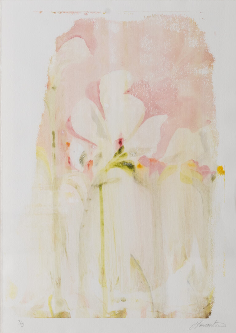 a soft colored monotype on paper that has vaguely floral themes. the colors are soft peach, pale pink, and sap green