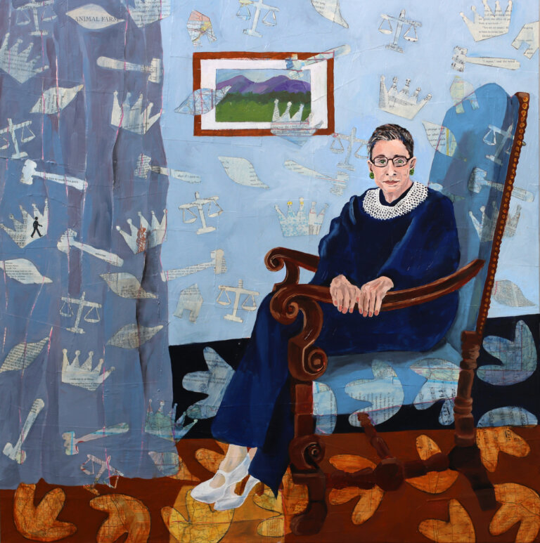 a portrait of ruth bader ginsburg in a navy robe and a white lace collar in a blue armchair. she has white mary jane heels on. the ground under her is brown and blue and has a floral overlay. there is a light blue wall behind her and a landscape of mountains in a brown wooden frame