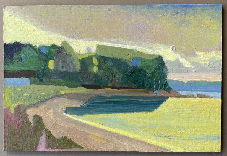 an abstract painting of a road leading through a field next to a body of water with greenery to the side. the sky above is purple and yellow with blue tinges and white clouds