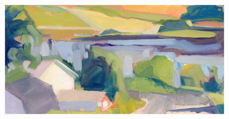 an abstract landscape of houses by a body of water. the colors of the artwork are periwinkle, lime green, tangerine, violet, dove grey, deep cobalt, pale yellow, sage green, and deep green