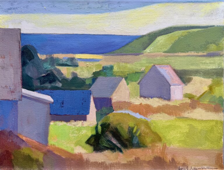 an abstract landscape with fields in front of a sea under a yellow and blue sky. the fields have hedges here and there along with a few small house-like buildings