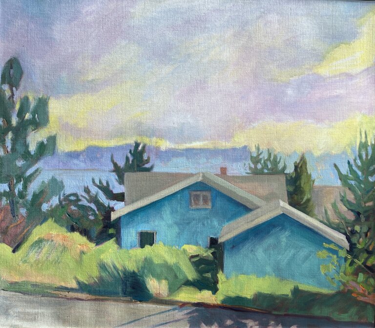 a landscape of a blue house with a gray roof nestled in greenery next to a blue harbour with mountains in the background. the sky above is yellow and purple clouds