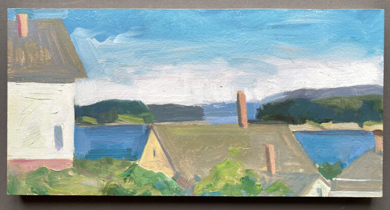 an abstract landscape showing a cove with land on either side. in the foreground are a few roofs of houses with chimneys. the sky above the cove is bright blue and fades to white nearer the horizon.