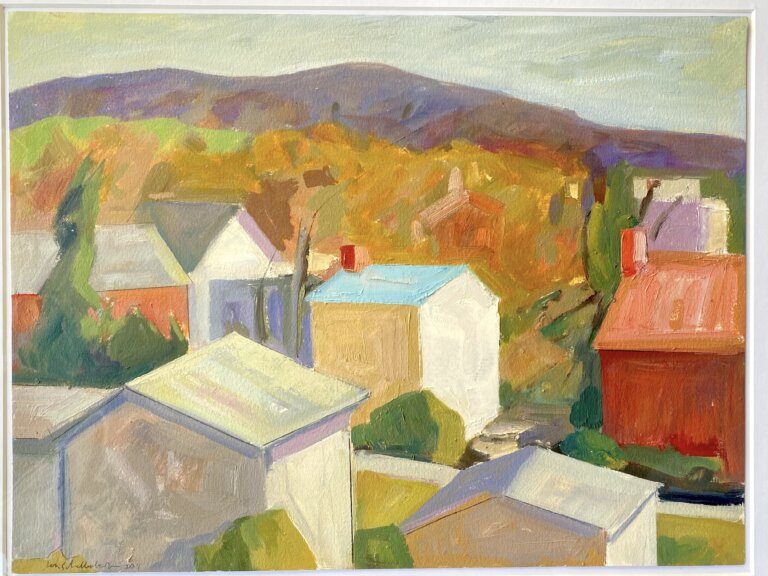 an abstract landscape in an impressionistic style with large brush strokes. there are several houses in front of a forest which leads into a purple mountain under a soft yellow sky. the houses are in shades of gray, yellow, red, orange, and blue with purple shadowing