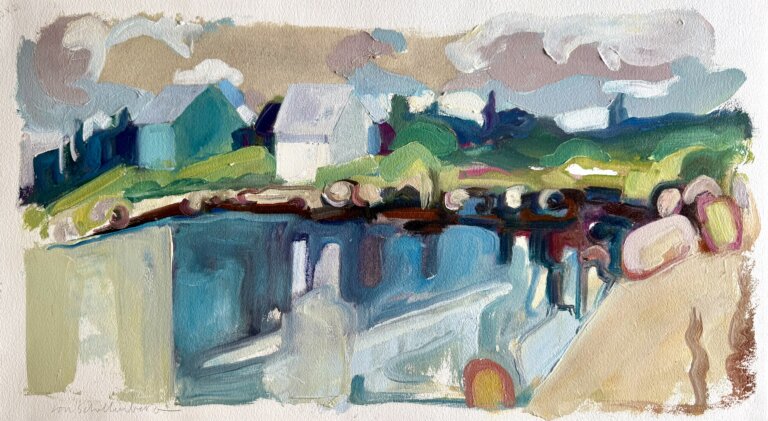 an abstract landscape in swirling blobs of color. there is a lake with small buildings and trees along the shore