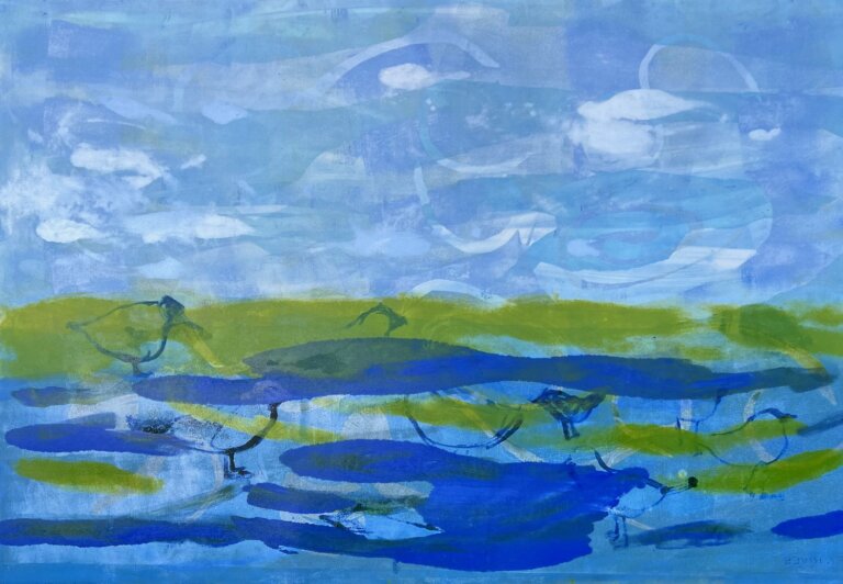 an abstract landscape with stripes of green and blue under a blue sky. there are vague birdlike shapes in cobalt blue across the bottom half of the piece