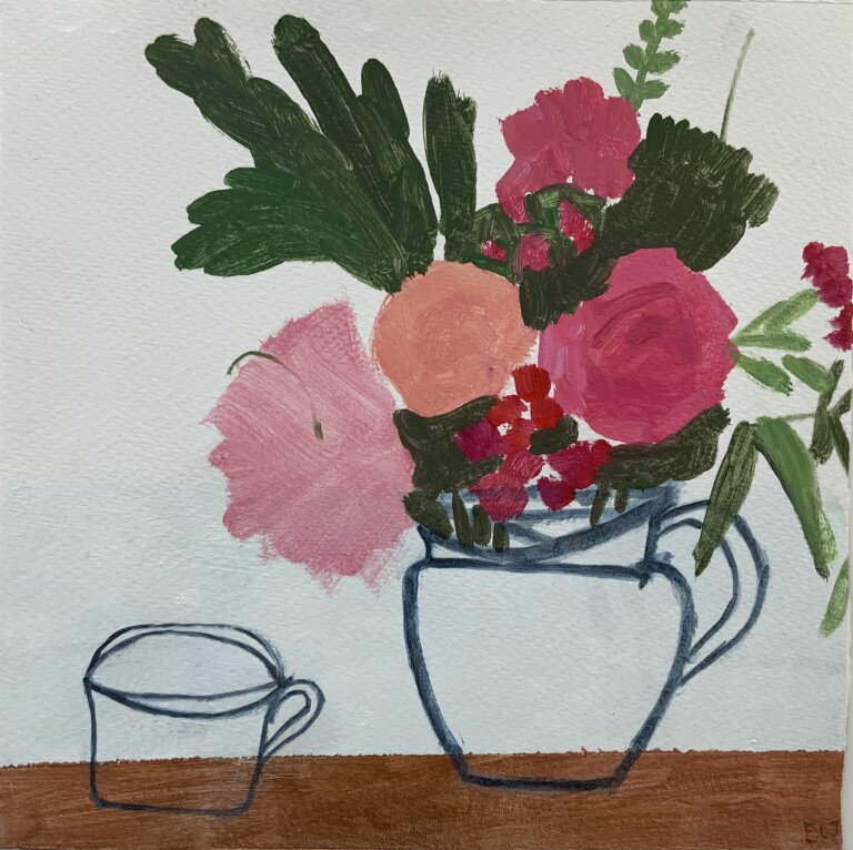 a simplified still life showing a brown table in front of a white wall. the table has the outline of a jug and a mug to the left of it. in the jug there are large pink and red blooms and fluffy greenery to fill in the bouquet.
