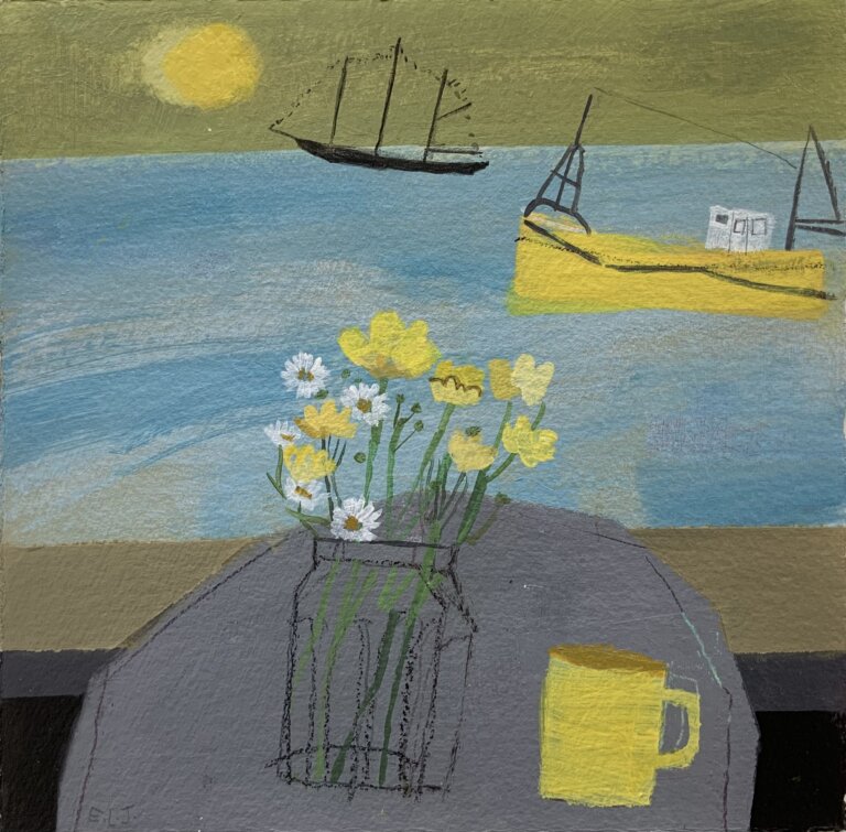 a still life and landscape showing a balcony with a small grey table overlooking a harbor and a sunset. the harbor holds two boats, one yellow and one black. in the distance, the sky is green with a yellow sun above the light blue water. the foreground holds a round gray table with a clear jar holding yellow and white flowers. there is a yellow mug to the right of the jar.