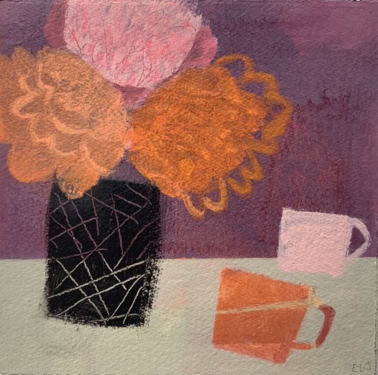 a simplified still life where a taupe colored table sits in front of a magenta wall. there is a black geometric patterned vase on the table holding two orange flowers and one pink one. there is an orange mug and a pink mug sitting on the table to the right of the vase.