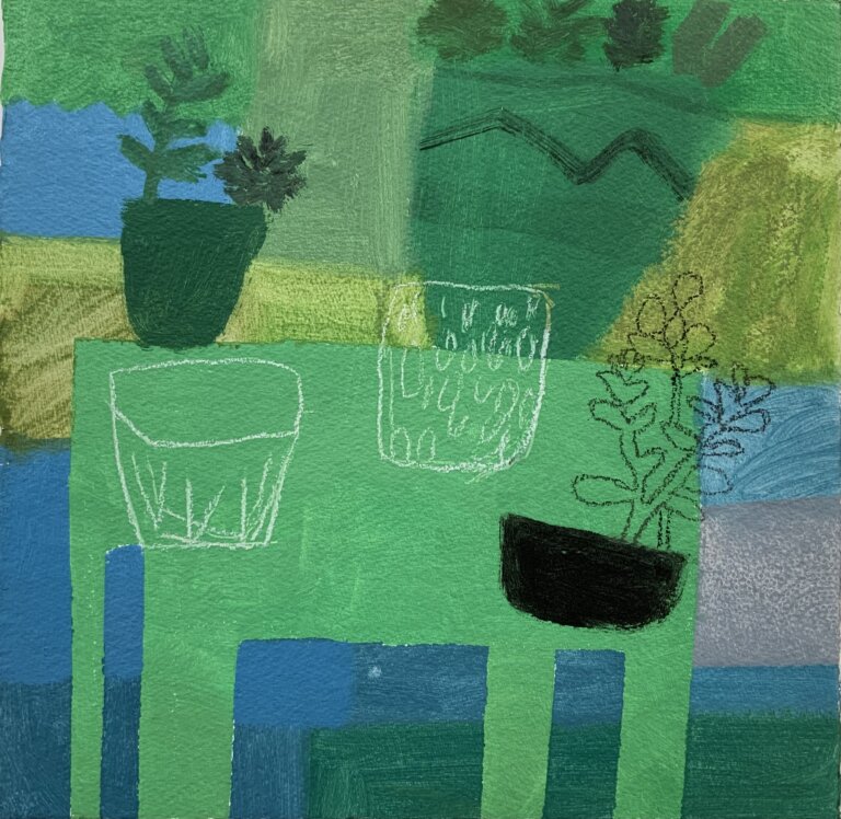 a simplified still life with a green table and four vessels sitting on top. the background behind the table is a patchwork of green and blue and gray color blocks. the vessels on the table have plants inside