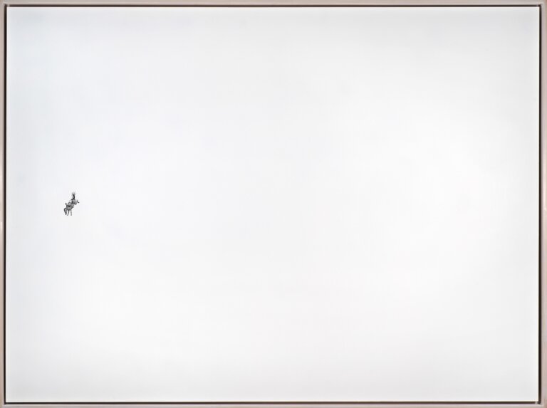 Graphite on gessoed hard board, small black bronc rider drawn on the far left side centered