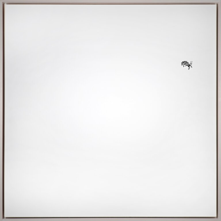 Graphite on gessoed hard board, small black bronc rider drawn on the top right right corner