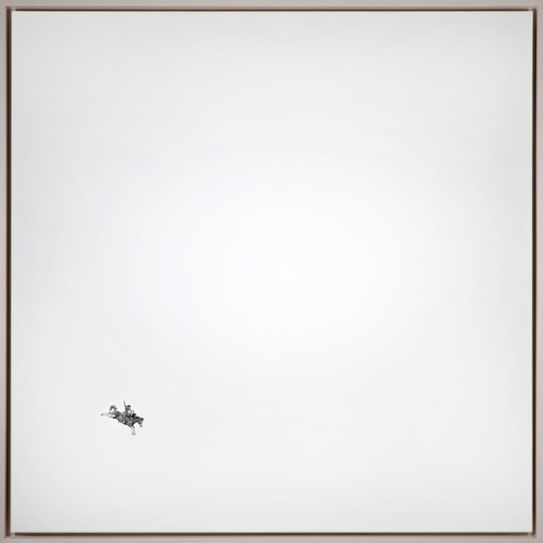 Graphite on gessoed hard board, small black bronc rider drawn on the bottom left corner