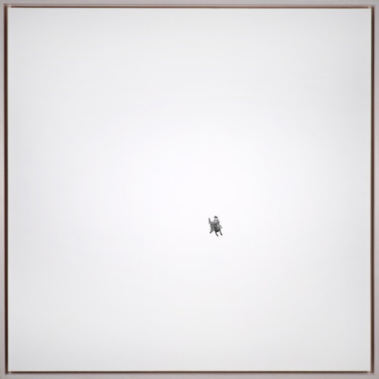 Graphite on gessoed hard board, small black bronc rider drawn just a few inches down from the center