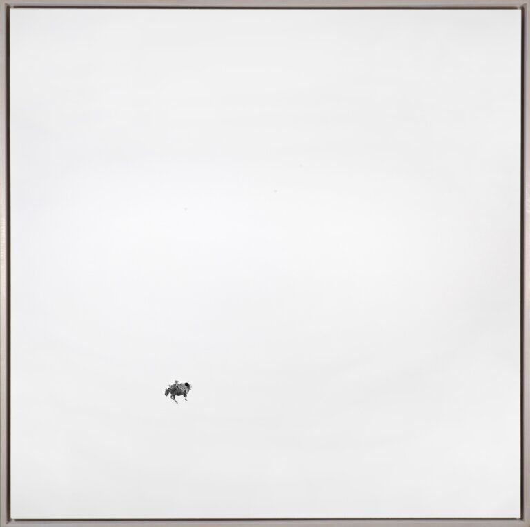 Graphite on gessoed hard board, small black bronc rider drawn on the bottom left corner