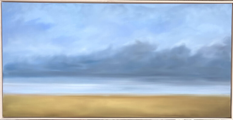 an abstract landscape painted on canvas in a very soft, blurred style. the landscape shows a sandy beach that leads to pale blue water under a gray cloudy sky. the clouds are painted in a way that signifies wind
