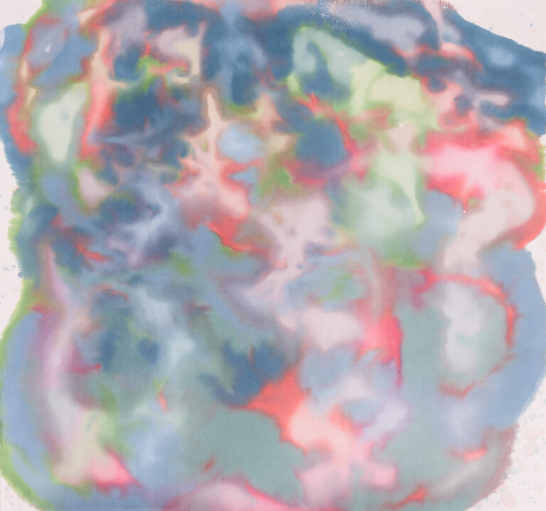 an abstract art piece that is a blur of colors in an aquatic form. the colors bleed into one another and swirl around each other. the colors are periwinkle, slate blue, coral, lime green, and sea glass.