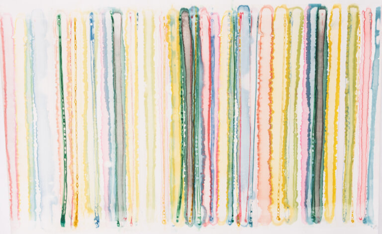 an abstract art piece on paper with vertical lines of color that slightly bleed out. the lines are against a white background. they are coral, pink, orange, yellow, teal, turquoise, and sap green