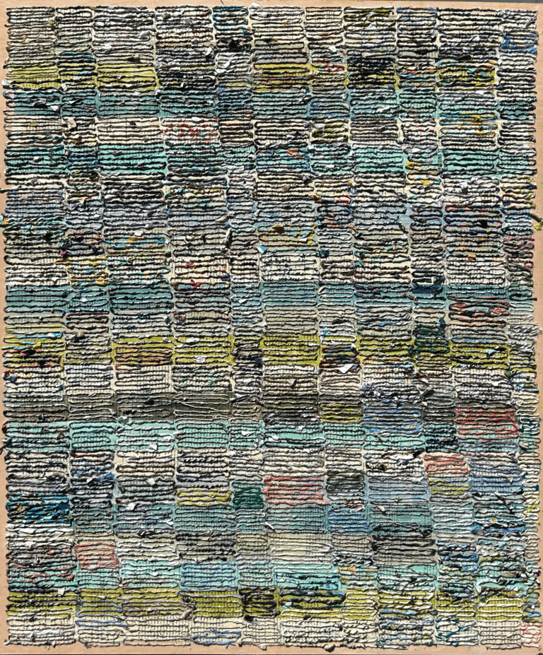 an abstract art piece on panel. there are small patches of color made with paint and twisted paper that make up a quiltlike composition. the main colors of this piece are lime green, aqua, grey, white, and periwinkle. there are accents of soft coral.