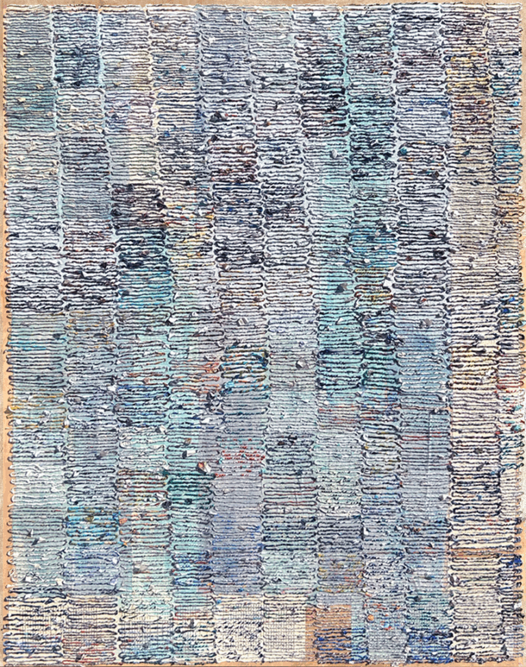 an abstract art piece on panel. there are small patches of color made with paint and twisted paper that make up a quiltlike composition. the main colors of this piece are powder blue, aqua, grey, white, and periwinkle. there are accents of soft peach.