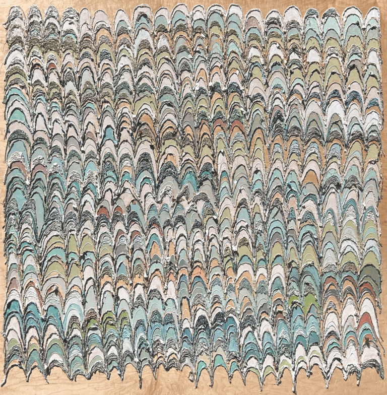 an abstract piece on canvas with waves created with recycled paper and paint in soft pastel shades of green, terra cotta, pale blue, and mint. the natural wood color of the panel peeks through around the edges and throughout the artwork, creating a sense of unity and harmony