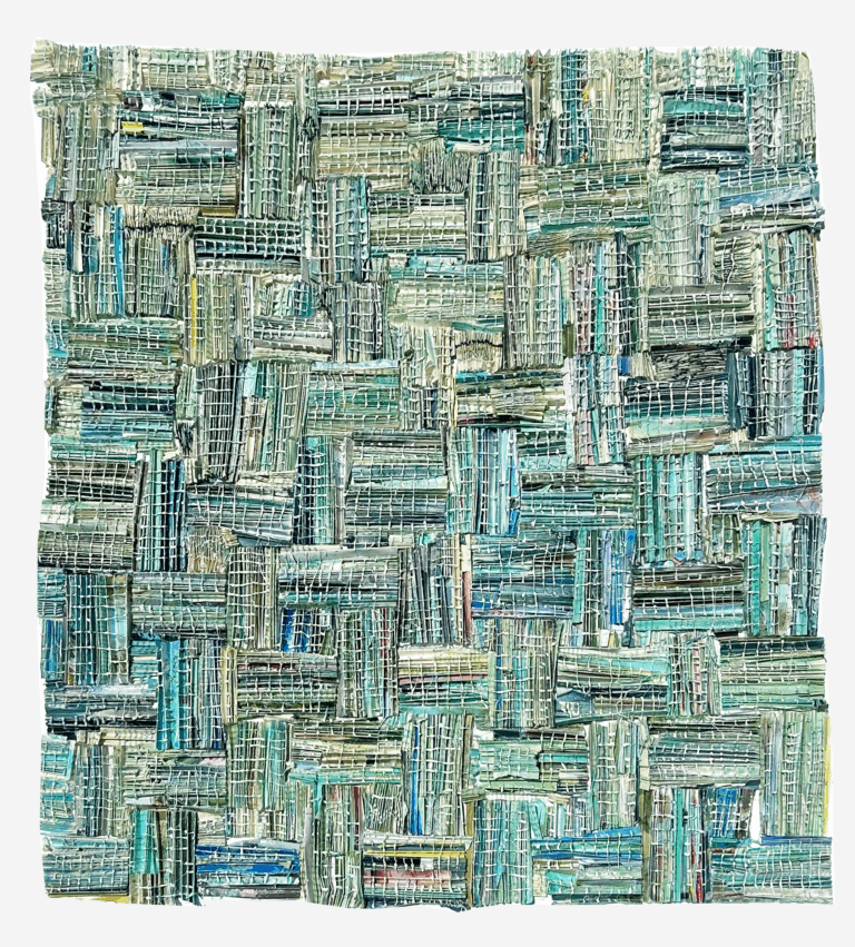 an abstract woven piece in a vertical rectangle shape that has small patches of alternating vertical and horizontal lines stitched together. the patches are made of greens and blues.
