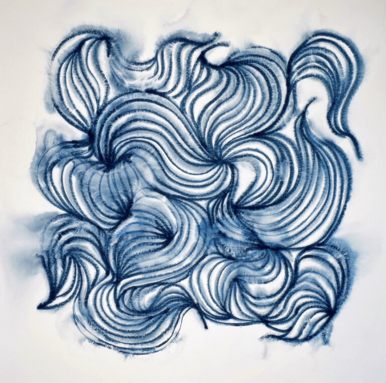 an abstract artwork created with looping lines in indigo ink. the lines are bleeding slightly against the white background