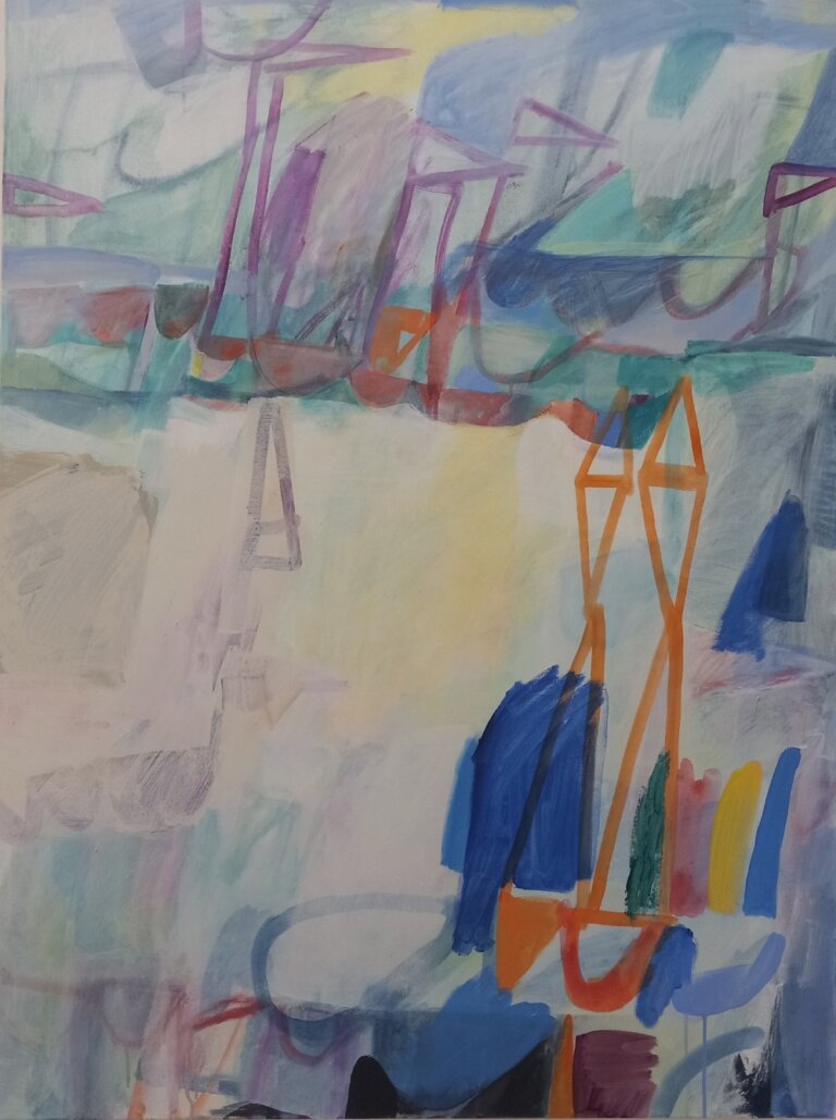 an abstract art piece with overlapping shapes in shades of purple, lilac, orange, lemon yellow, white, emerald, magenta, and royal blue