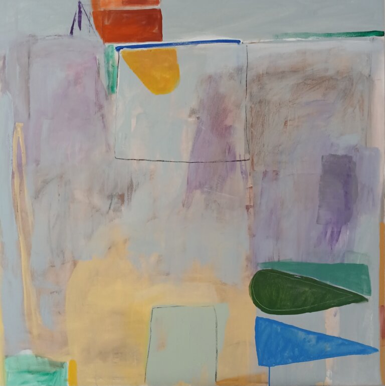 an abstract art piece with overlapping shapes in shades of purple, lilac, orange, lemon yellow, white, emerald, magenta, and royal blue