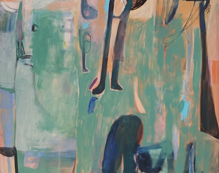 an abstract art piece with overlapping shapes in shades of aqua, navy, orange, lemon yellow, peach, emerald, indigo, and royal blue