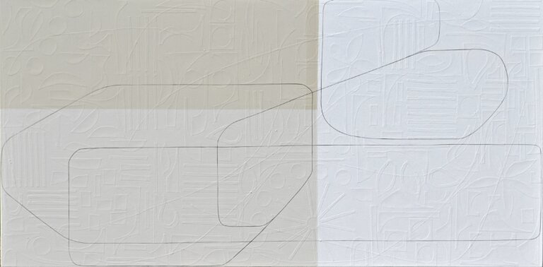 an abstract mixed media artwork with a soft peachy tone on the left and white on the right. a thin strip of gray paper moves through the composition, adding a sense of movement and direction. at first glance, the piece looks painted with clean lines and geometric shapes, but up close you can see that each line is actually made from hand-cut strips of paper layered onto the surface. the subtle texture and depth become more noticeable the longer you look.