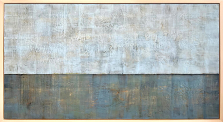 an abstract color block encaustic art piece with two horizontal color blocks. the top is pale gray blue, and the bottom is steel gray