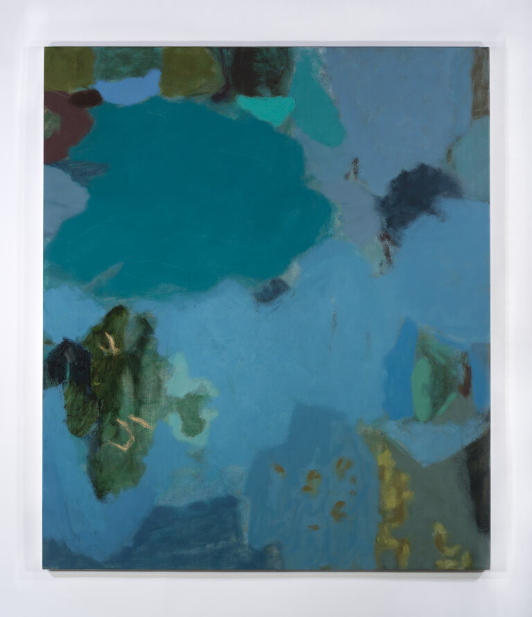 an abstract botanical art piece that has many different vaguely botanical shapes overlapping in shades of electric blue, deep green, olive, and gold. there are small accents of mint green and rust.