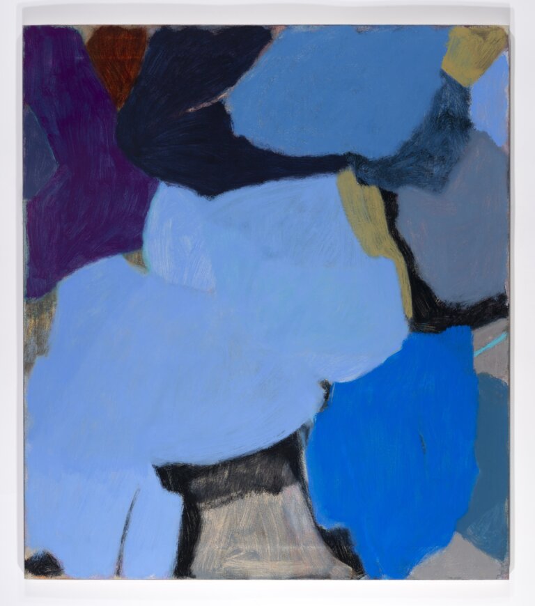 an abstract botanical piece made up of overlapping vaguely botanical elements like leaves and petals in shades of powder blue, cobalt, aubergine, light gray, olive, and navy.